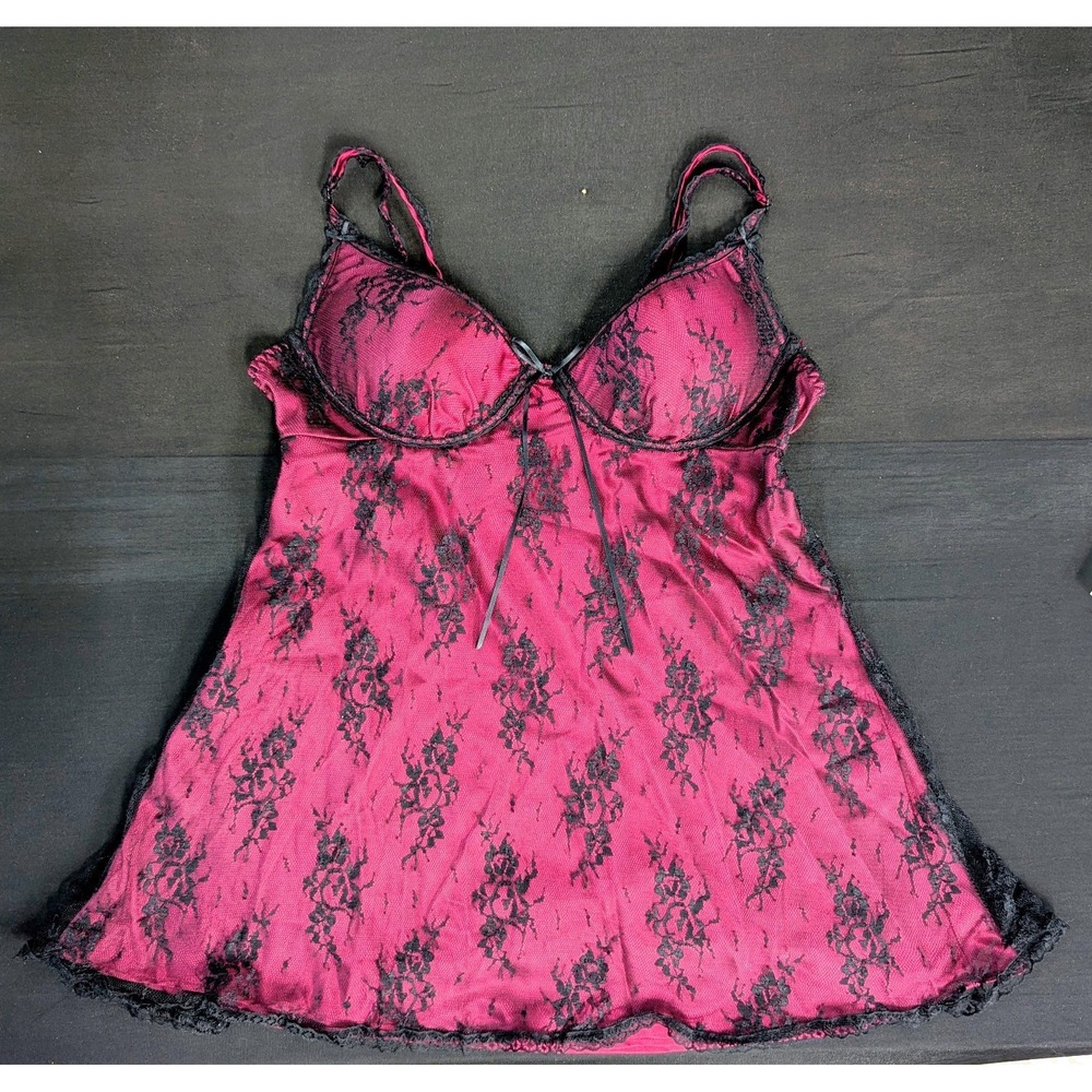 Vtg 90s 2000 Y2K Womens Sz M Black Lace Burgundy Satin Cami Top Coquette Fairy
